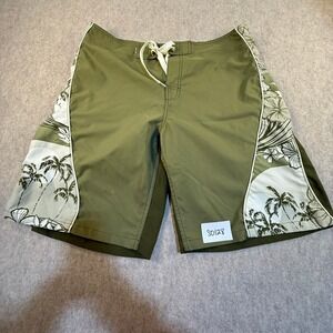 Crazy Shirts Hawaii Board Shorts Men 36 Olive Green Tropical Palm Hibiscus Print